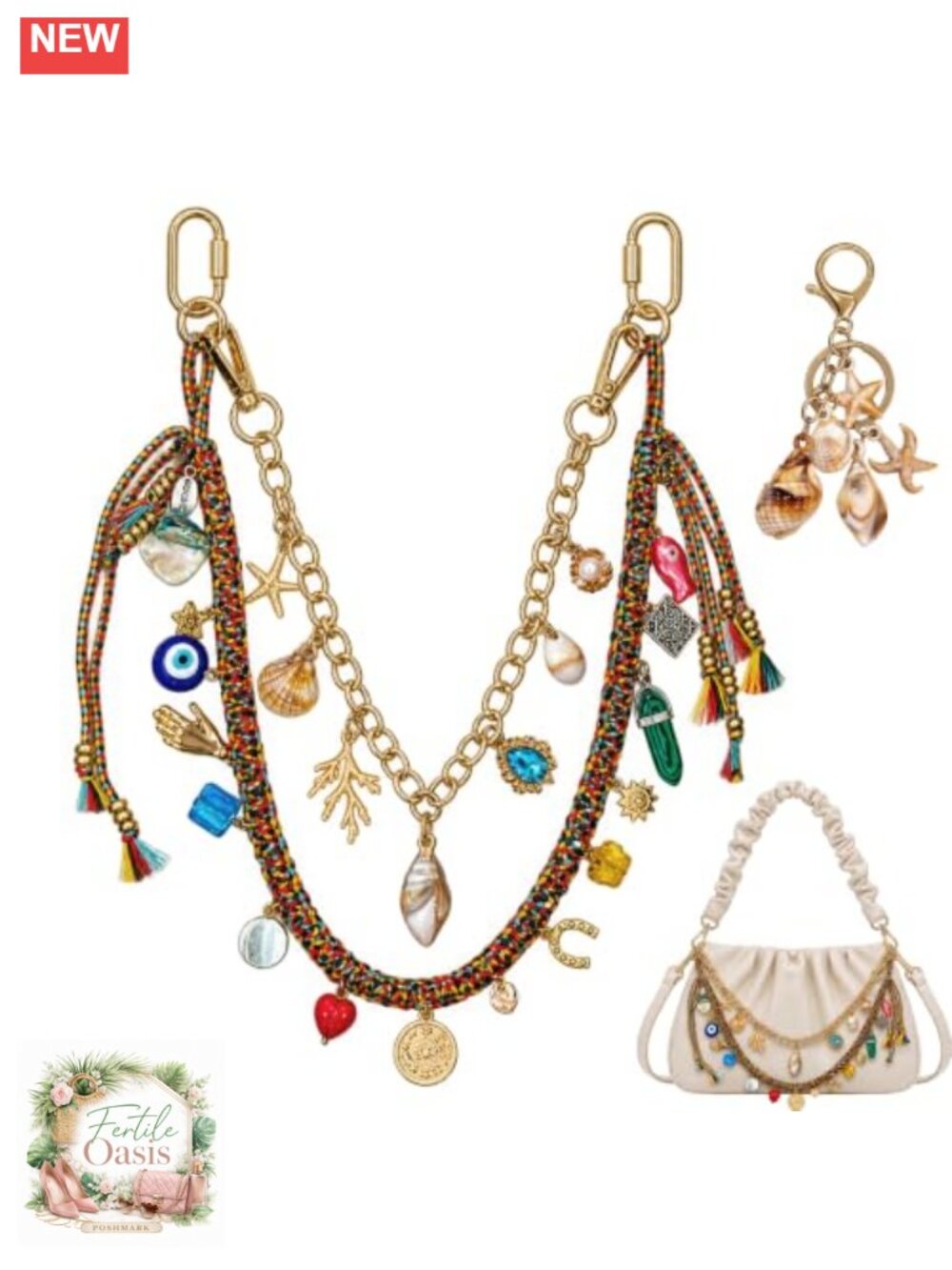 3 Pc Boho Beaded Bag Charm Set with Shell Charms and Gold Chain